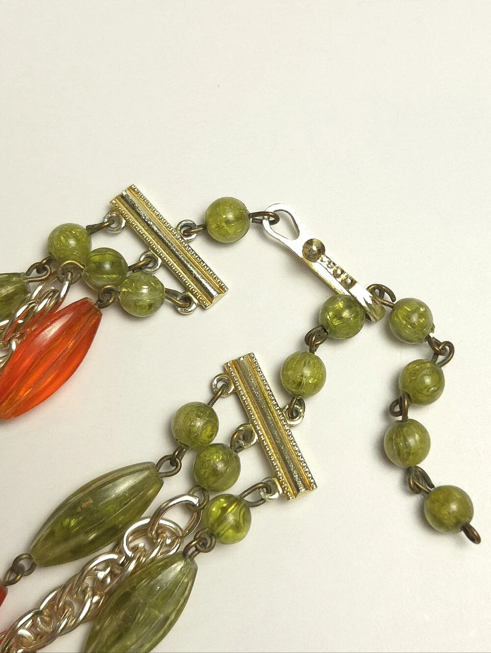 Vintage Orange Green & Brown Acrylic Beaded Multi Strand Necklace 1950s Germany